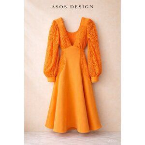 ASOS DESIGN Orange Puff Sleeve Broderie Midi Skater Dress Ruched Bodice NWOT